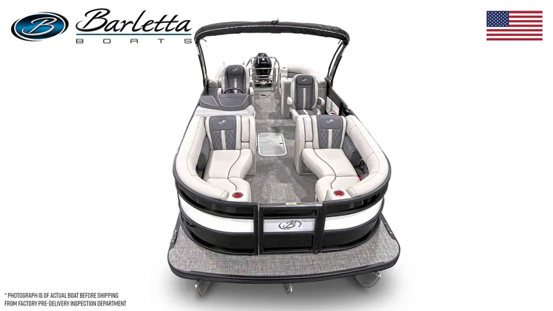 Slide: The Image of 2025 Barletta Lusso 23QCSS pontoon boat with luxurious seating and sleek design. - 6