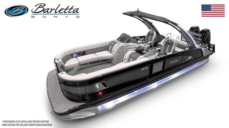 Slide: The Image of 2025 Barletta LUSSO 25UCAT luxury pontoon boat with sleek design and spacious seating. - 15