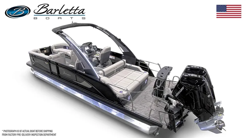 Slide: The Image of 2025 Barletta LUSSO 25UCAT luxury pontoon boat with dual Mercury engines. - 17
