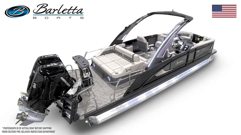 Slide: The Image of 2025 Barletta LUSSO 25UCAT luxury pontoon boat with sleek design and powerful Mercury engines. - 18