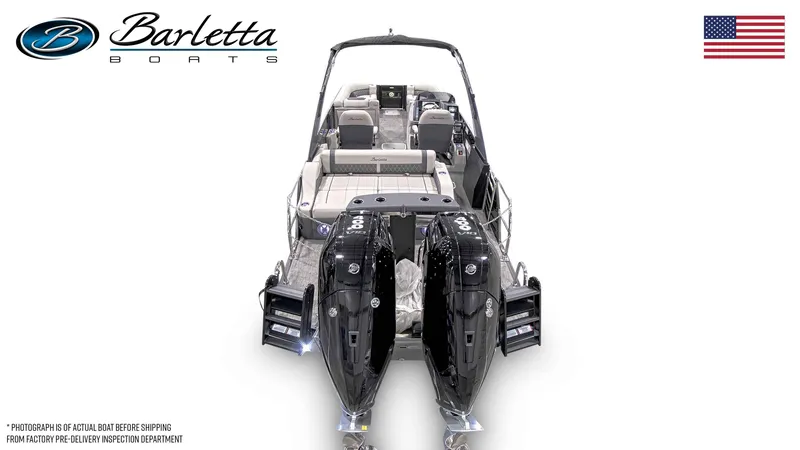 Slide: The Image of 2025 Barletta LUSSO 25UCAT luxury boat with dual engines, rear view. - 20