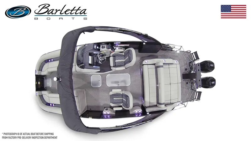 Slide: The Image of 2025 Barletta LUSSO 25UCAT pontoon boat, top view, with luxury seating and dual engines. - 21
