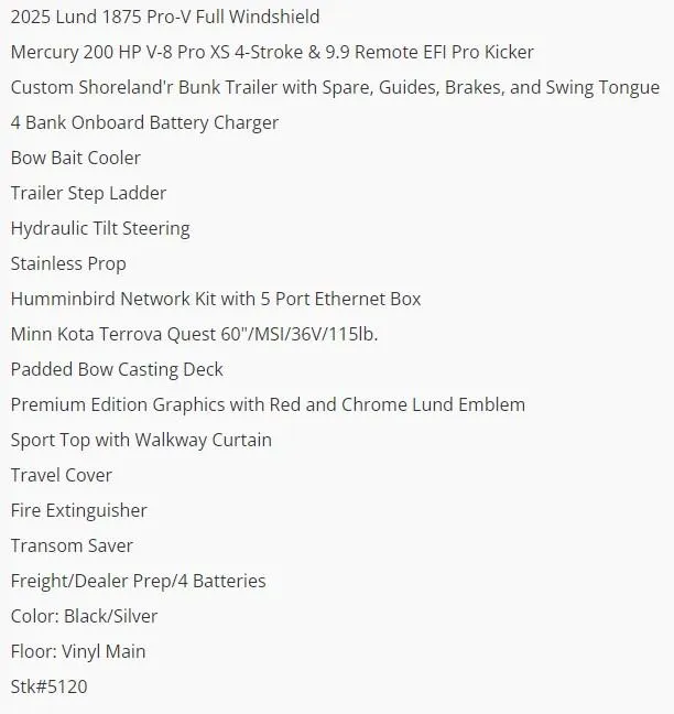 Slide: The Image of Text listing features of 2025 Lund 1875 Pro-V boat, including engine, trailer, and accessories. - 5