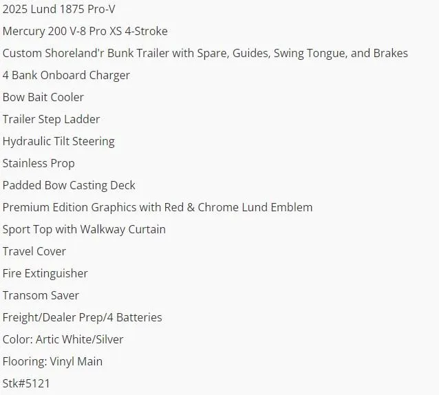 Slide: The Image of 2025 Lund 1875 Pro-V boat features and specifications list. - 5