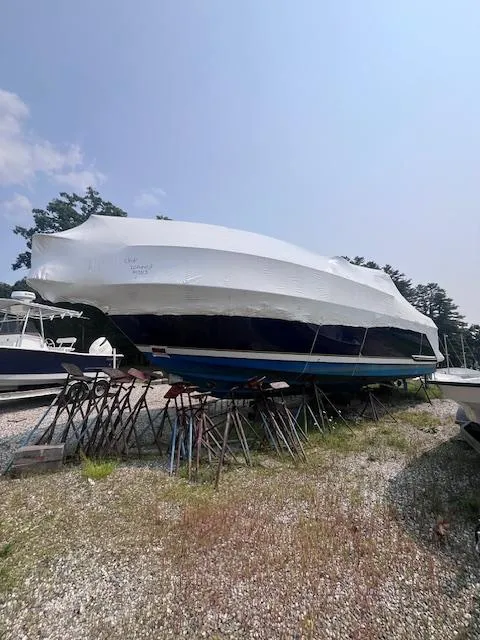 Slide: The Image of 2001 Tiara Yachts 3500 Express boat covered and elevated on stands outdoors. - 28