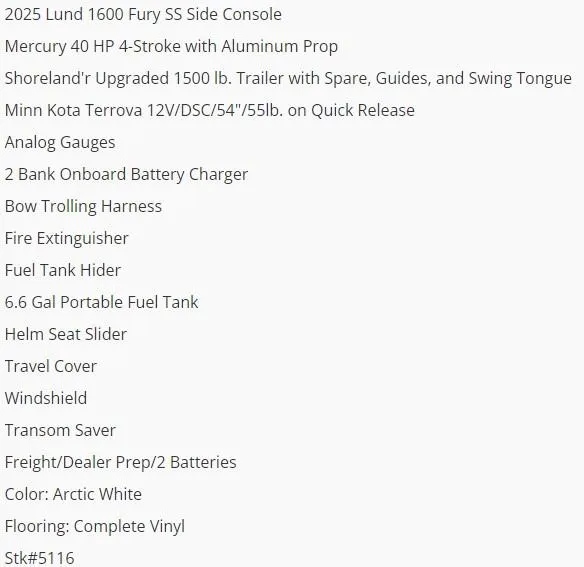 Slide: The Image of 2025 Lund 1600 Fury SS boat features and specifications list. - 6