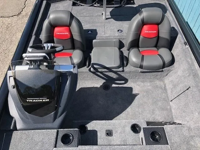 Slide: The Image of 2025 Tracker Pro Team 195 TXW Tournament Edition boat interior with dual seats. - 14