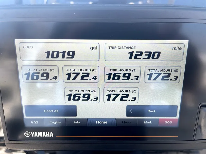 Slide: The Image of Yamaha display showing fuel usage, trip distance, and engine hours for 2022 Cobia 350 boat. - 14