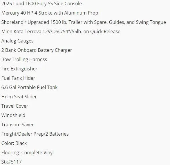 Slide: The Image of 2025 Lund 1600 Fury SS boat features and specifications list. - 6