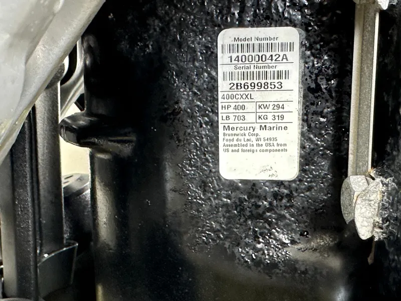 Slide: The Image of Close-up of Mercury Marine engine label on 2020 Boston Whaler 420 Outrage. - 33