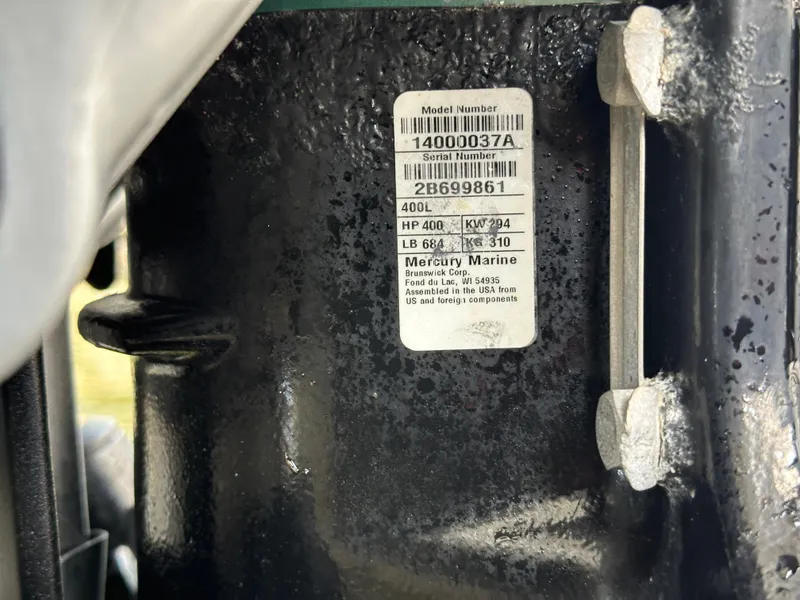 Slide: The Image of Close-up of Mercury Marine engine label on 2020 Boston Whaler 420 Outrage. - 34