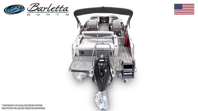 Slide: The Image of 2025 Barletta Cabrio C22UC pontoon boat, rear view, showcasing spacious seating and modern design. - 3