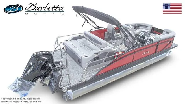 Slide: The Image of 2025 Barletta Cabrio C22UC pontoon boat with red exterior and modern seating. - 4