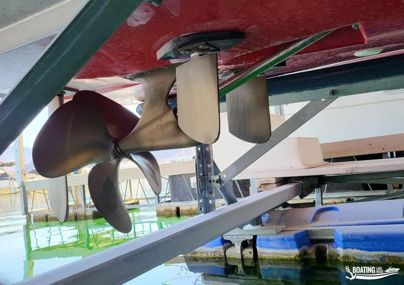 Slide: The Image of Close-up of 2021 MasterCraft X26 boat propeller in dock. - 39