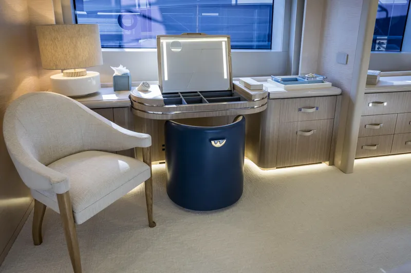 Slide: The Image of Luxurious interior of 2023 Mangusta Gransport yacht with elegant furnishings and ambient lighting. - 20