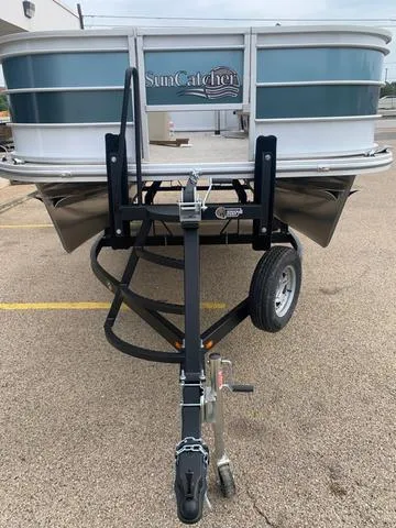 Slide: The Image of 2023 SunCatcher Select 18F pontoon boat on trailer, front view. - 7