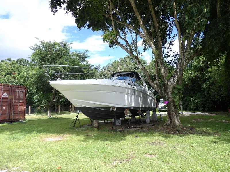 Slide: The Image of 2005 Sea Ray 360 Sundancer yacht on land, surrounded by trees. - 3