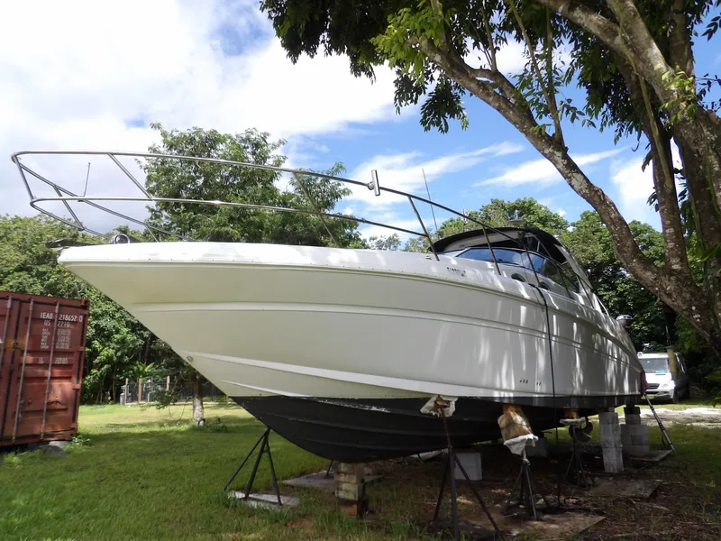 Slide: The Image of 2005 Sea Ray 360 Sundancer yacht on land, surrounded by trees. - 5