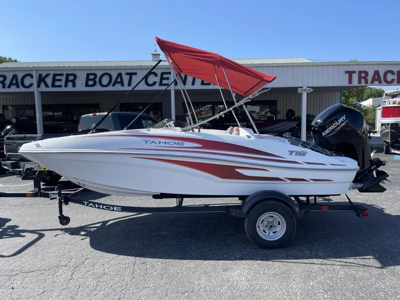 Slide: The Image of 2024 Tahoe T16 boat with red canopy at Tracker Boat Center. - 0