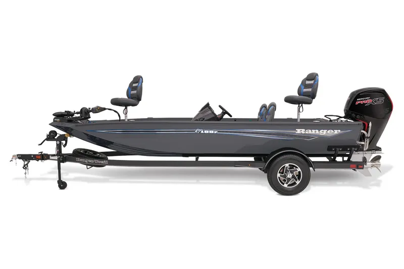 Slide: The Image of 2024 Ranger RT188P boat interior with red and gray seating, steering console, and storage compartments. - 1