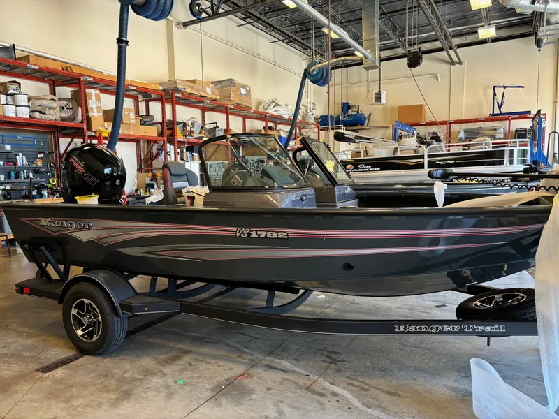 Slide: The Image of 2024 Ranger VS1782SC Angler boat in a showroom, black with red accents. - 1