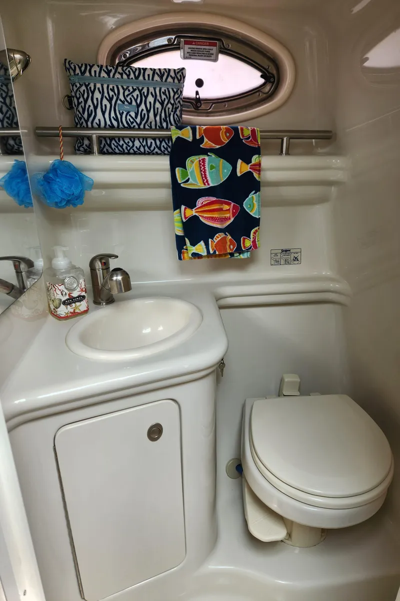 Slide: The Image of Compact bathroom in 2008 Sea Ray 260 Sundancer boat with colorful fish-themed decor. - 16