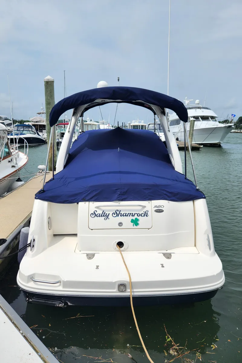 Slide: The Image of 2008 Sea Ray 260 Sundancer boat docked with blue cover. - 7