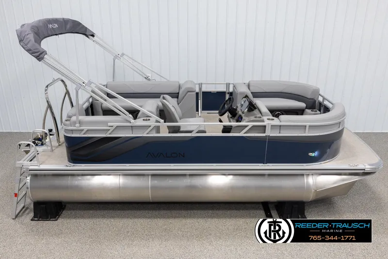 Slide: The Image of 2025 Avalon VLS QL pontoon boat with canopy, side view. - 1