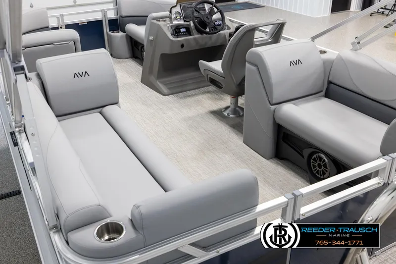 Slide: The Image of 2025 Avalon VLS QL boat interior with gray seating and modern helm. - 11