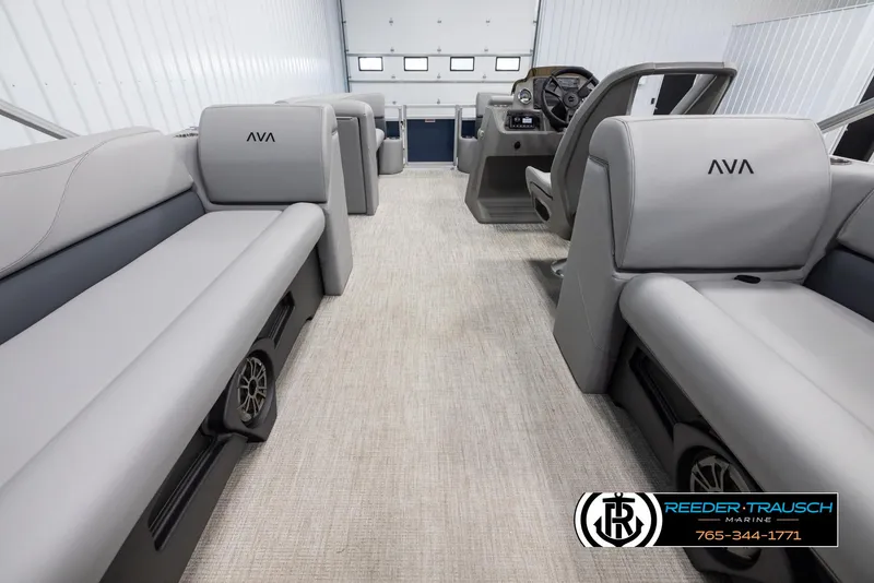 Slide: The Image of 2025 Avalon VLS QL boat interior with gray seating and modern design. - 16
