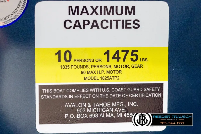 Slide: The Image of Avalon VLS QL 2025 boat capacity label: 10 persons or 1475 lbs, 90 HP motor. - 42