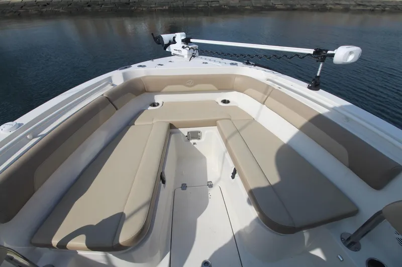 Slide: The Image of 2017 Sailfish 236 CC boat with beige seating and trolling motor. - 6