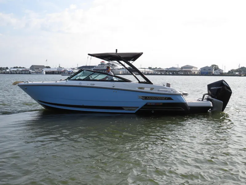 Slide: The Image of 2025 Monterey 255 Super Sport boat on calm water, side view. - 1