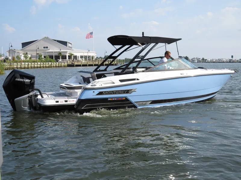 Slide: The Image of 2025 Monterey 255 Super Sport boat cruising on a sunny day near a marina. - 4