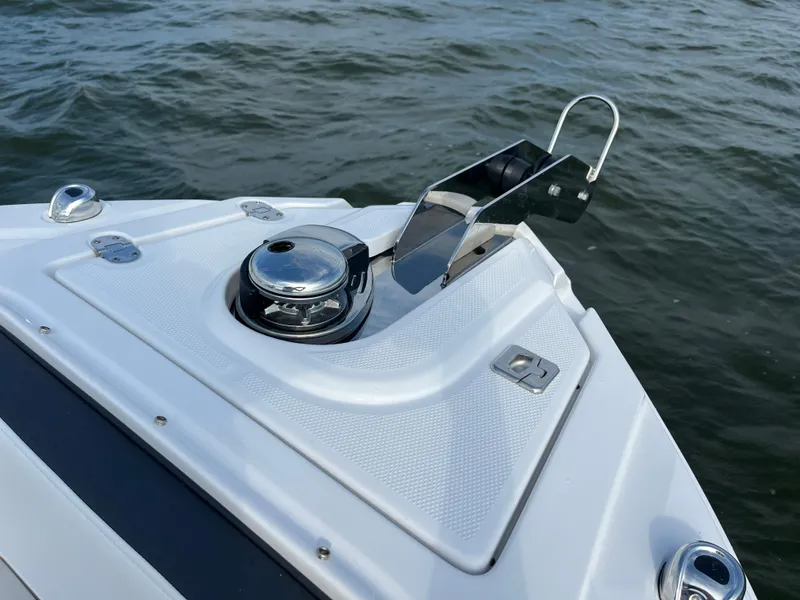 Slide: The Image of 2025 Monterey 255 Super Sport boat anchor detail on water. - 45