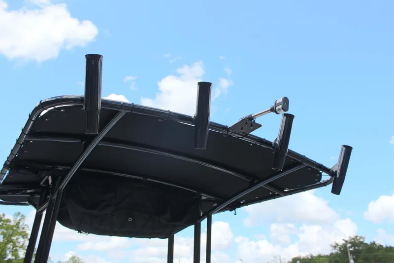 Slide: The Image of 2024 Clearwater 2200 WI Center Console boat top against blue sky. - 10