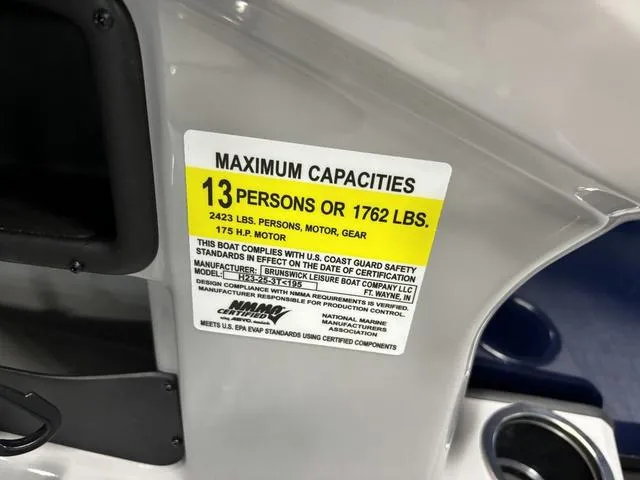 Slide: The Image of Capacity label on 2025 Harris CRUISER 230 SLDH, max 13 people or 1762 lbs. - 14