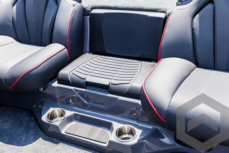 Slide: The Image of 2025 Skeeter ZXR 21 boat interior with black seats and red accents. - 45