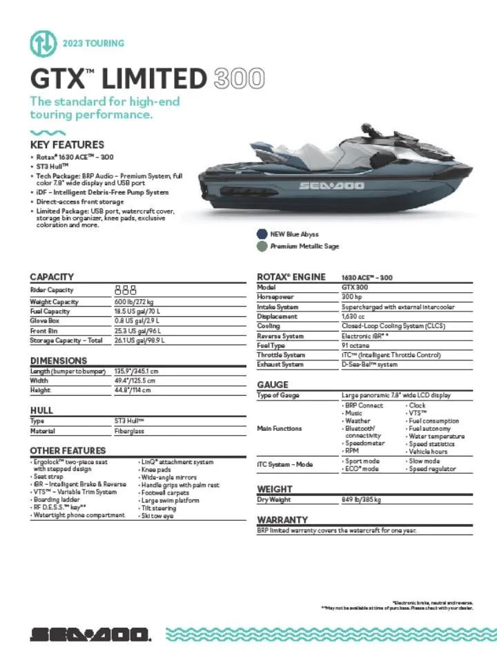 Slide: The Image of 2023 Sea-Doo GTX 300 Limited brochure detailing features, specifications, and warranty information. - 17