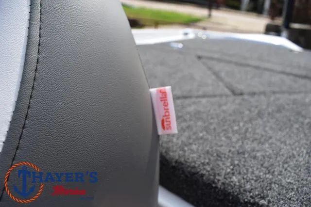 Slide: The Image of 2025 Bass Cat Puma STS boat seat with Sunbrella fabric tag, Thayer's Marine logo visible. - 43