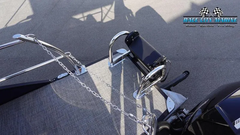 Slide: The Image of 2025 Barletta Cabrio 22U boat trailer hitch with chain and Race City Marine logo. - 8