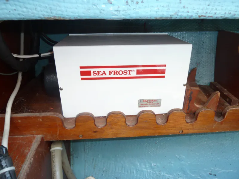 Slide: The Image of Sea Frost refrigeration unit in 1981 Sabre 34 sailboat interior. - 14