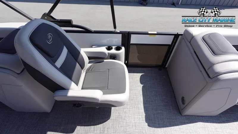 Slide: The Image of 2025 Barletta C24QC boat interior with plush seating and modern design. - 20