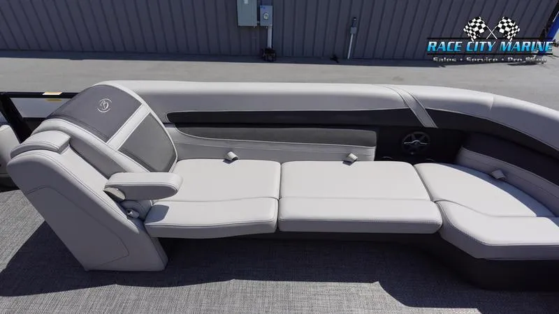 Slide: The Image of 2025 Barletta C24QC boat interior with luxurious gray seating. - 37