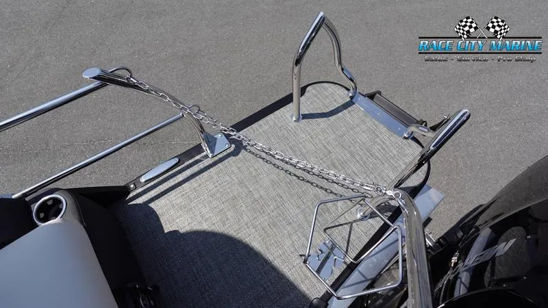 Slide: The Image of Barletta L25M 2025 boat deck with safety chain and railing, Race City Marine logo. - 11