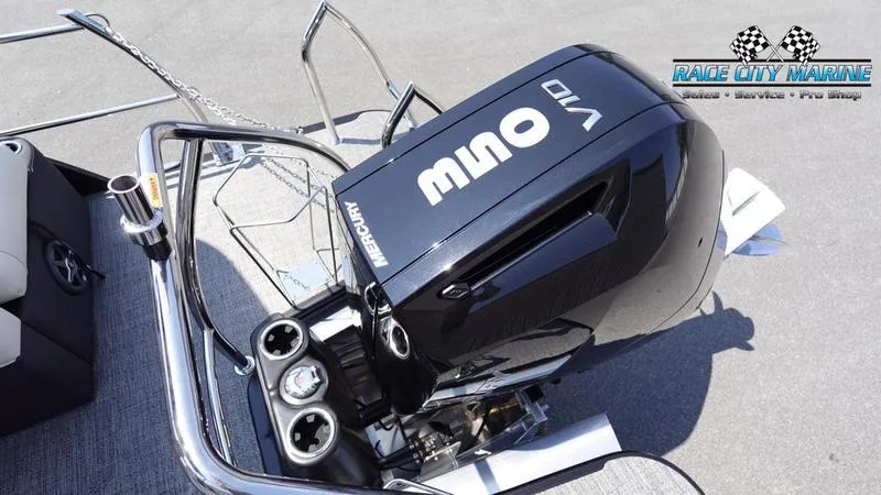 Slide: The Image of Barletta L25M 2025 boat with Mercury outboard motor, Race City Marine logo visible. - 9