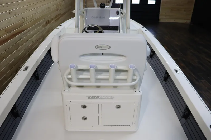 Slide: The Image of 2025 Pathfinder 2500 Hybrid boat interior with rod holders and storage compartments. - 17