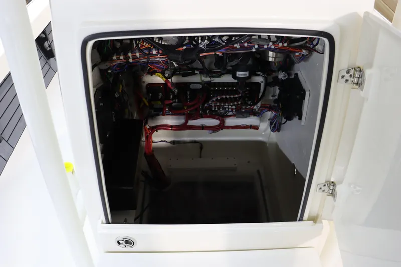 Slide: The Image of Open electrical compartment of 2025 Pathfinder 2500 Hybrid boat. - 35