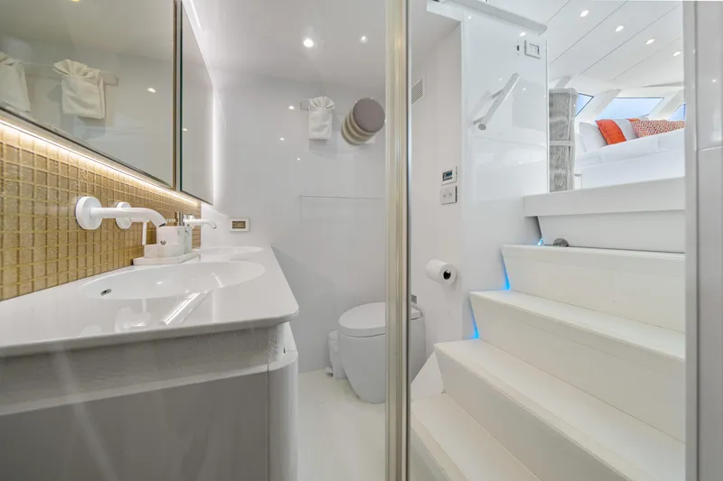 Slide: The Image of Luxurious bathroom interior on 2016 Sunreef 70 yacht, featuring modern fixtures and elegant design. - 17