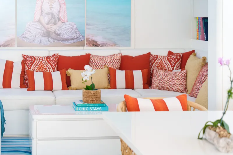 Slide: The Image of Luxurious Sunreef 70 yacht interior with vibrant cushions and modern decor, 2016 model. - 7